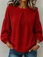 Waffle Knit Round Neck Blouse Pleated Front Balloon Long Sleeve Loose Casual Top