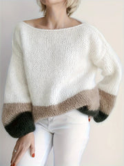 One‑Shoulder Color Block Knit Pullover Sweater