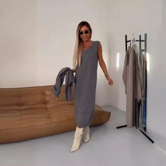 2 Piece Knit Outfit, Cream U Neck Midi Dress + Long Sleeve Knit Shrug Set