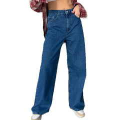 High Waist Stone Washed Dark Blue Slight Stretch Wide Leg Denim Long Jeans
