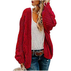 Open Front Cable Knit Sweater Coat Long Sleeve Loose Fit Red Knit Cardigan