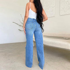Ripped Destroyed High Waist Wide Leg Jeans