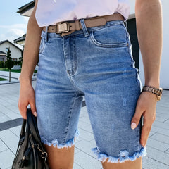 Frayed Raw Hem Denim Bermuda Shorts