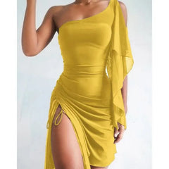 Black One-Shoulder Ruched Slit Mini Dress