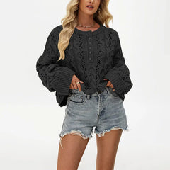Romantic Hollow Cable Knit Henley Jumper Oversized Button Detail Long Sleeve Sweater