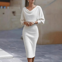 White Boat Neck Batwing Sleeve High-Waisted Knitted Midi Dress