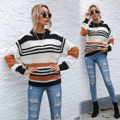 Color Block Striped Crew Neck Sweater Oversized Long Sleeve Knit Pullover