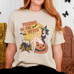 Halloween Season Of The Witch Print Crew Neck Short Sleeve T‑Shirt
