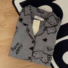 Dark Grey Cartoon Cat Pattern Pajamas, Long Sleeve Collared Button Top & Matching Pants Nightwear