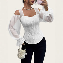 Floral Embroidery Cold Shoulder Puff Sleeve Blouse