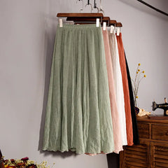 Linen Blend Maxi Skirt High Waist Pleated Flowy Skirt