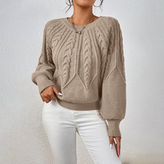 Crew Neck Cable Knit Sweater, Long Lantern Sleeve Loose Solid Pullover