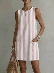 Round Neck Sleeveless Vertical Stripe Linen Mini Dress