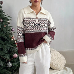 Retro Fair Isle Knit Sweater, Half Zip Lapel Collar Winter Pullover