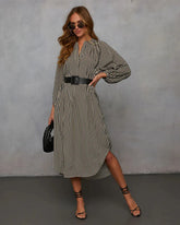Stripe Balloon Sleeve Midi Shirt Dress With Belt