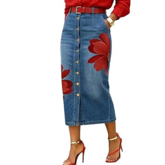 High Waist Red Flower Print Denim Midi Skirt, Button Front Straight Jean Skirt