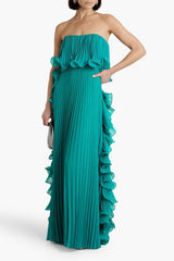 Strapless Ruffle Pleated Maxi Evening Dress