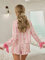 Lapel Floral Heart Print Long Sleeve Top & Ruffle Shorts Pajama Set