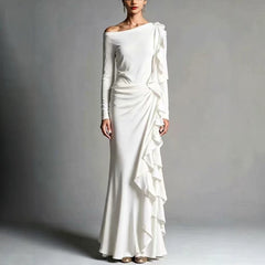 White Off Shoulder Long Sleeve Mermaid Maxi Dress With Cascading Ruffles