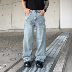 Men Mid‑Waist Pearl Decor Straight Leg Jeans