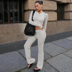 Polka Dot Two-Piece Loungewear Set, Long Sleeve Crop Top & Flare Pants