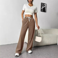Elastic Drawstring High Waist Solid Wide Leg Sweatpants