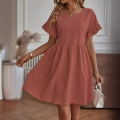 Crew Neck Ruffle Short Sleeve Mid Waist Loose A-Line Cotton Linen Mini Dress