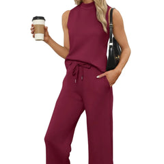 Sleeveless Mock Neck Top & Wide Leg Pants Casual Two-Piece Set