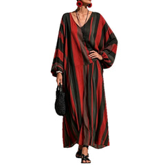 Diagonal Stripe V-neck Lantern Sleeve Top & Wide-leg Pants Two-piece Set