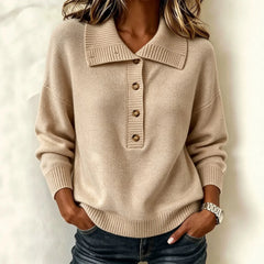 Casual Lapel Collar Knit Pullover, Soft Loose Fit Half Button Long Sleeve Sweater for Fall Winter