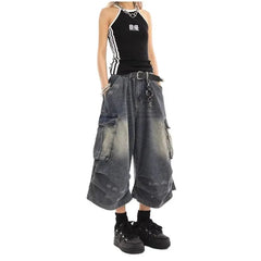 Multi Cargo Pocket Gradient Washed Cropped Baggy Jeans