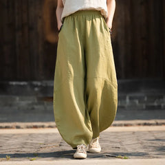 Matching Flowy Linen Elastic Drawstring Waist Spliced Retro Zen Loose Harem Long Casual Daily Outfit Pants