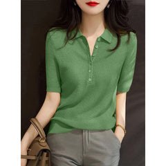 Knit Polo Shirt, Short Sleeve Button Down Casual Blouse