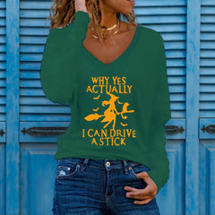 Halloween Witch Graphic V‑Neck Long Sleeve T‑Shirt