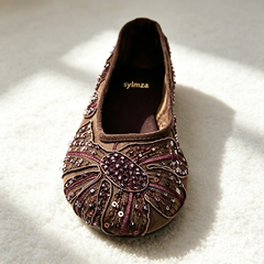 Romantic Sheer Mesh Beaded Ballet Flats, Retro Floral Embroidery Dressy Flat Shoes