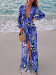 Deep V Neck Green Patchwork Print Maxi Dress