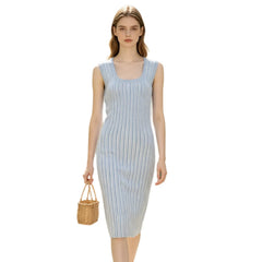 Square Neck Vertical Stripe Knit Sleeveless Midi Dress
