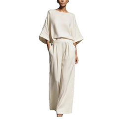Brown Batwing Sleeve Top & Wide-Leg Pants Two-Piece Set