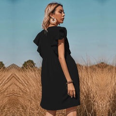 Boho Ruffle Short Sleeve V Neck Empire Waist Mini Dress Button Front Sundress