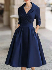 Lapel Collar Ruched Wrap Front 3/4 Sleeve A Line Midi Cocktail Dress