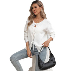 White Front Tie Knit Cardigan Long Sleeve Open Front Loose Lightweight Sweater Cover Up