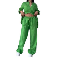 Green Linen-Blend Button-Down Shirt & Wide-Leg Pants Set