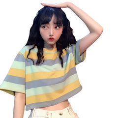 Striped Round Neck Short Sleeve Loose Crop Top