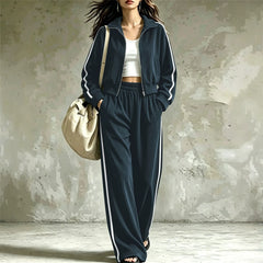 Side Stripe Athletic Sweatsuit, Stand Collar Zip Crop Jacket Elastic Waist Wide Leg Pants Set