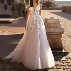 V-Neck 3D Floral Lace Wedding Dress, Sleeveless A-Line Tulle Bridal Gown