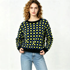 Color Block Checkerboard Jacquard Round Neck Pullover Sweater
