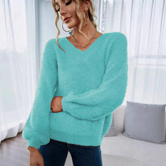 Bright Orange Furry V Neck Sweater Ladies Balloon Sleeve Soft Casual Fall Knit Top