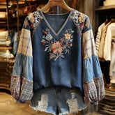 3D Digital Print V-Neck Lantern Long Sleeve Retro Casual Blouse