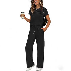Short Sleeve Ruched Top & Drawstring Wide-Leg Pants Set