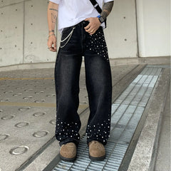 Men Mid‑Waist Pearl Decor Straight Leg Jeans